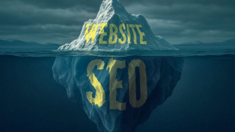 Illustration zum Thema: Die Bedeutung von SEO für Webseiten | Man sieht einen Eisberg mit der Beschriftung Website, deren großer unterer Teil mit dem begriff SEO beschriftet ist.
