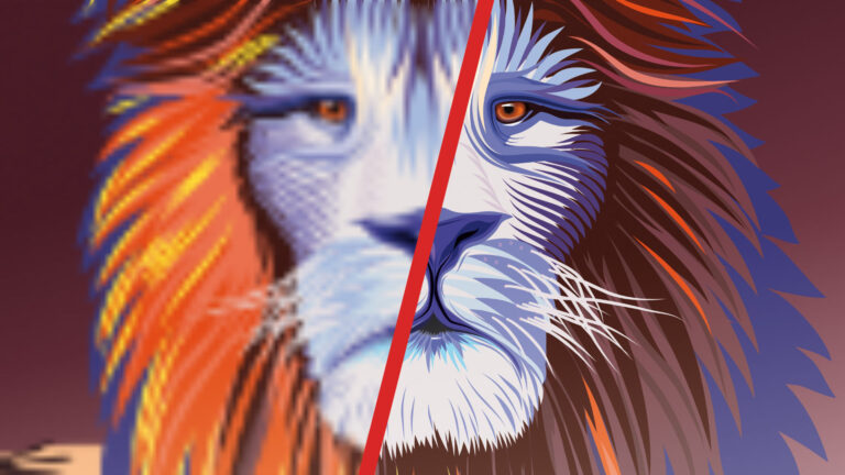 Die geteilte Illustration eines Löwen zeigt anschaulich den Unterschied zwischen Pixel- und Vektorgrafik