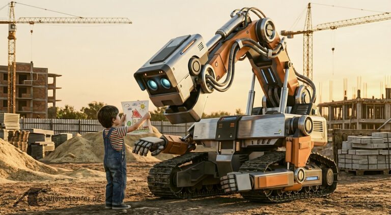 Sich auf das Wesentliche fokussieren. Bauroboter nimmt Anweisung von Kleinkind entgegen.