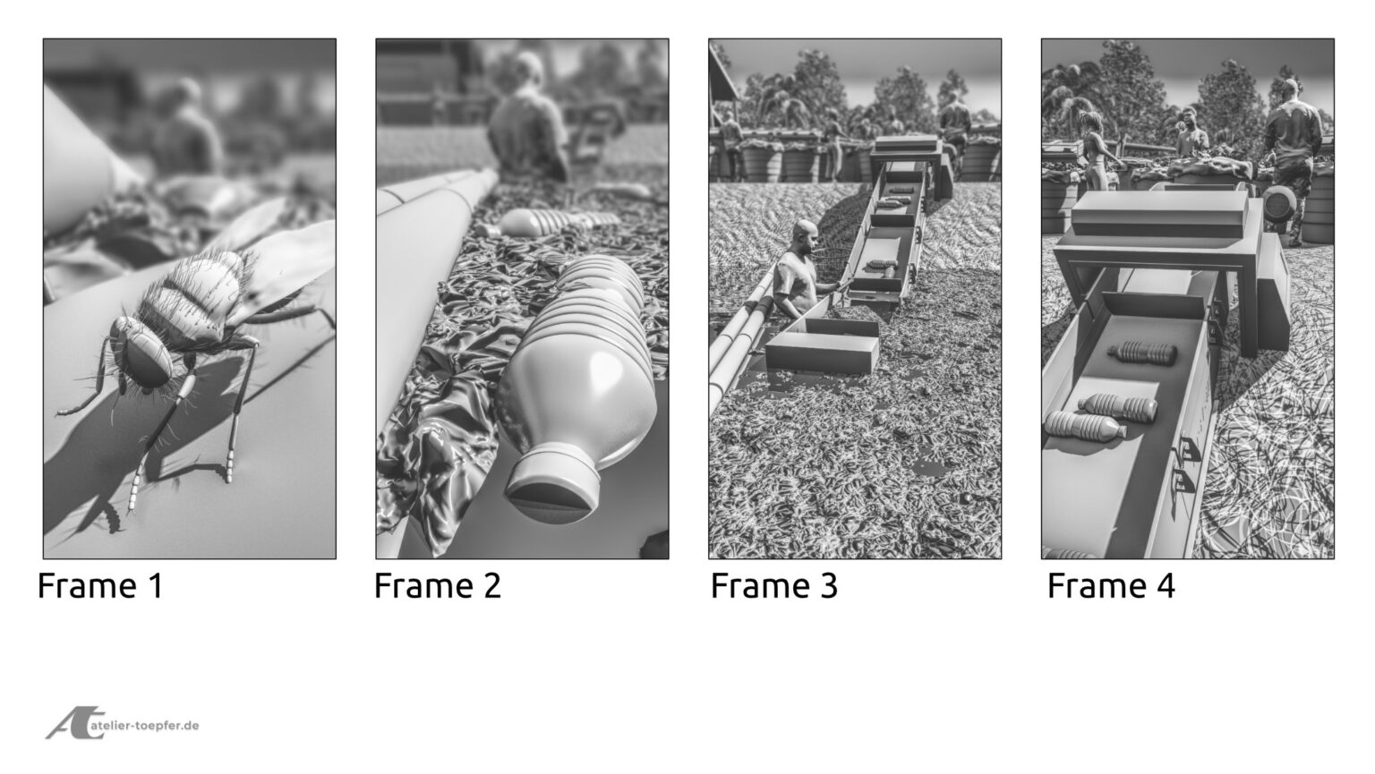 3D-Storyboard für einen KI-gerenderten Werbespot, Thema: Mini Recycling Fabrik