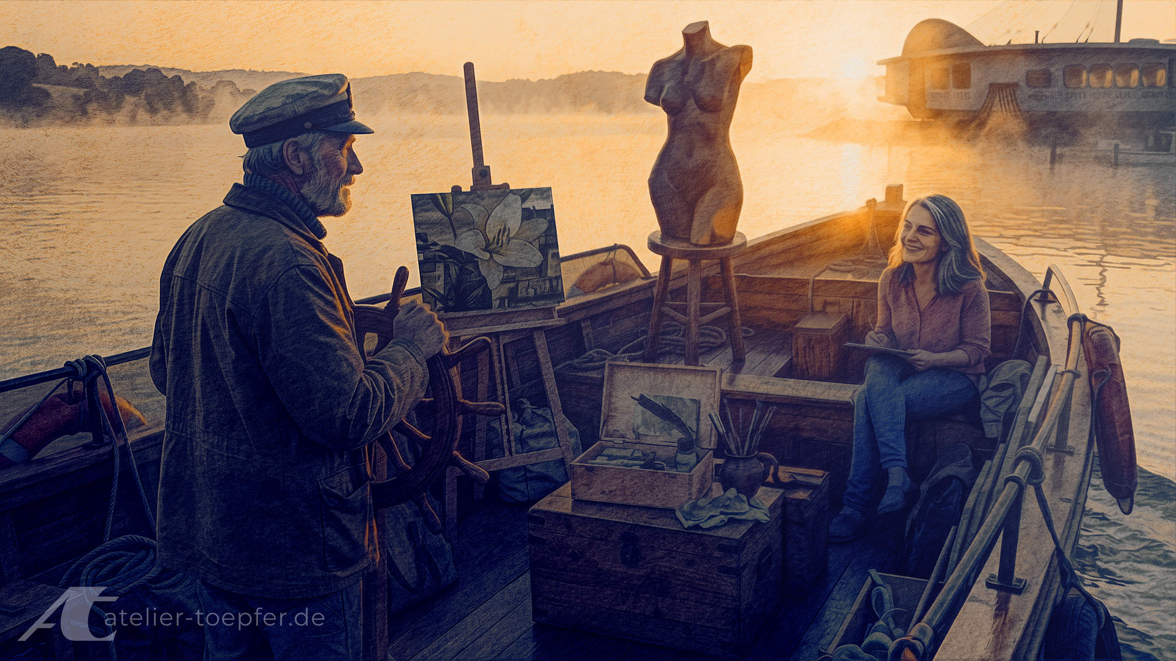 Illustration: Webdesign für Künstler | Fährmann zwischen analoger und digitaler Welt