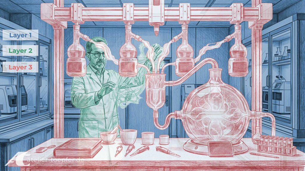 KI-Zeichnung-Alchemie-Labor in Ebenen aufgeteilt.