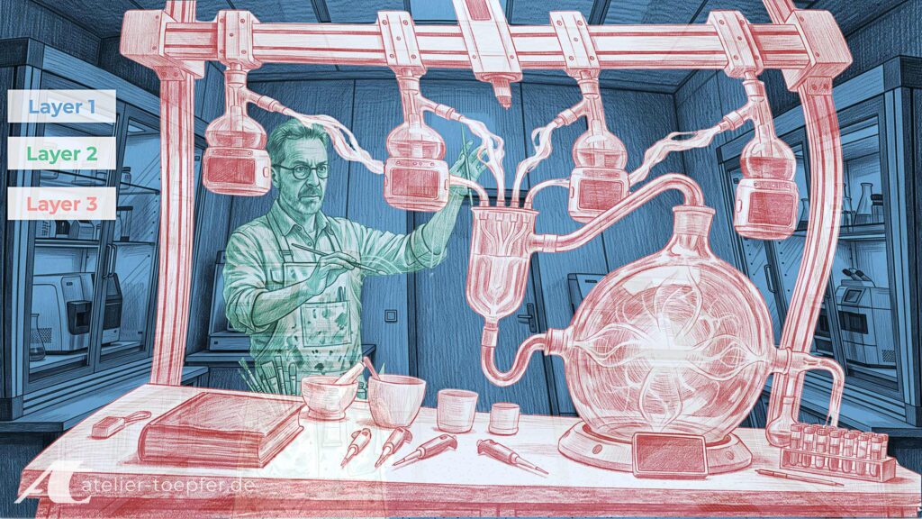 KI-Zeichnung-Alchemie-Labor in Ebenen aufgeteilt.
