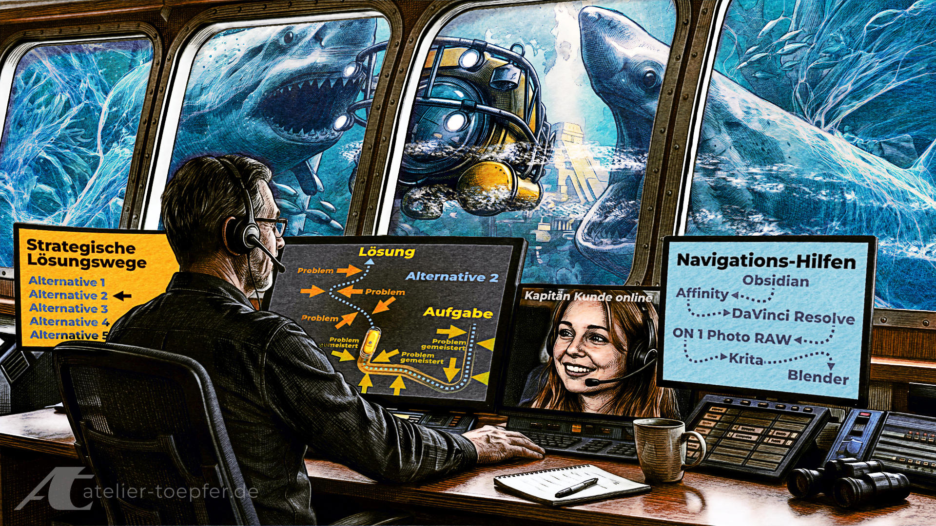 Ihr Mentor fürs Kreative, Matthias Töpfer ist Ihr Lotse durch die Untiefen des Marketing-Dschungels für Selbstständige. | Illustration von Matthias Töpfer